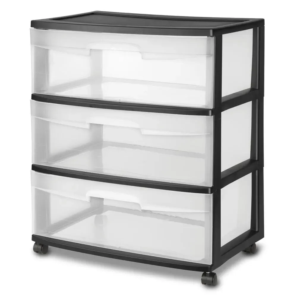 NWT 3 Drawer Wide Plastic Storage Cart with Clear Pull-Out Drawers, Black